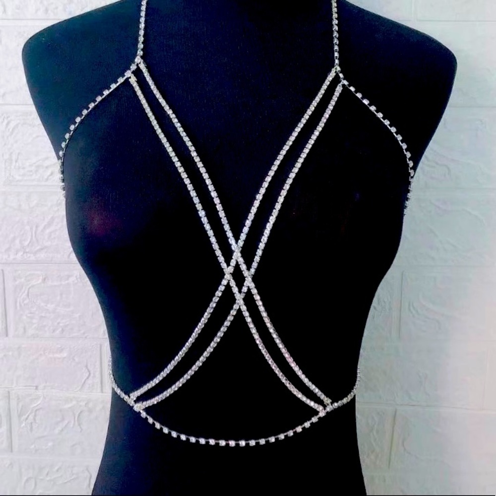 Rhinestone harness body jewelry, double chain cross, crystal bra top. New
